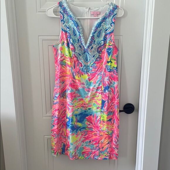 Lilly Pulitzer Pink and Blue V-neck Sheath Mini Dress - Picture 1 of 6